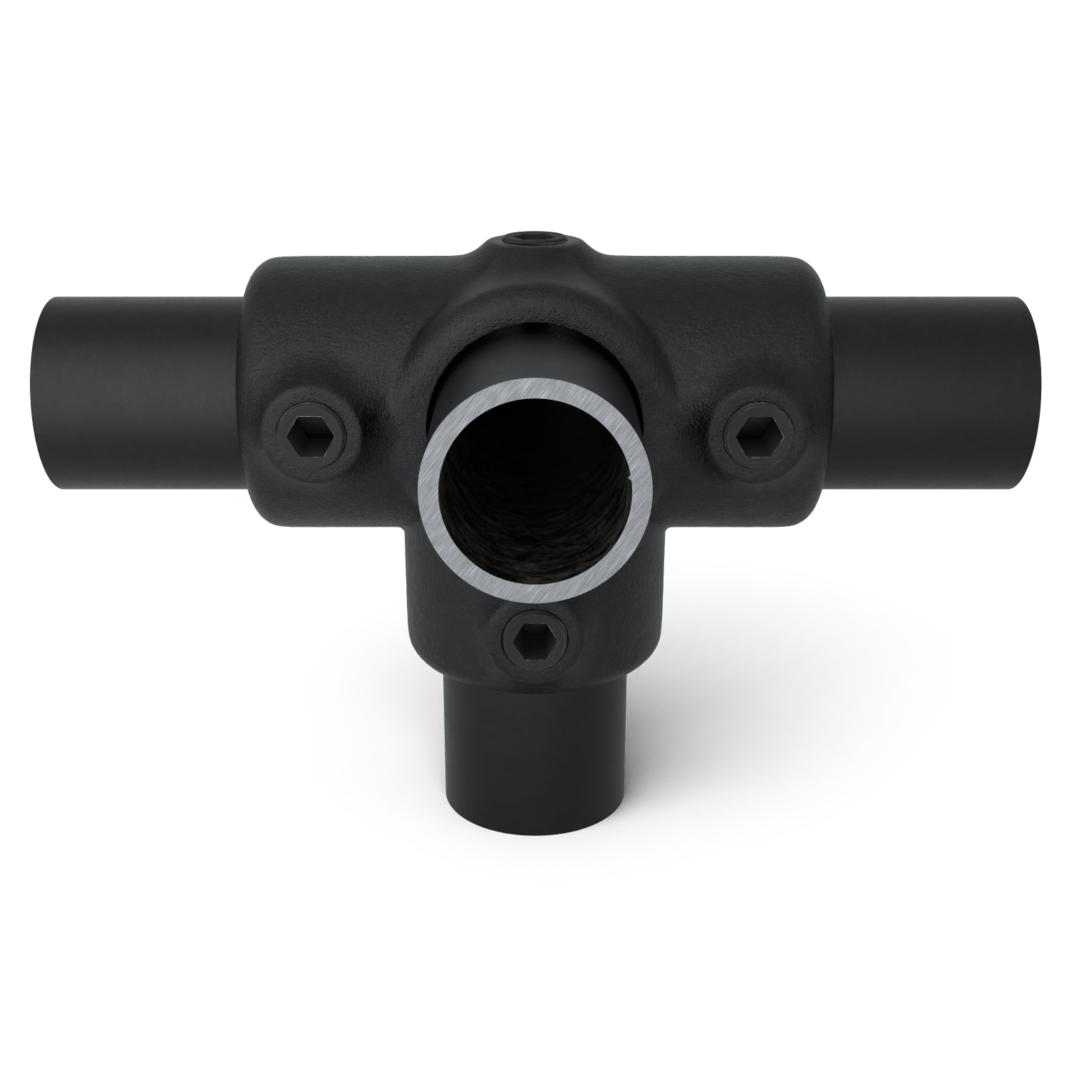 Rohrverbinder T-Stück für Stützrohr schwarz 42,4 mm - Vorderansicht mit Rohren (Rohr-verbinder.de)