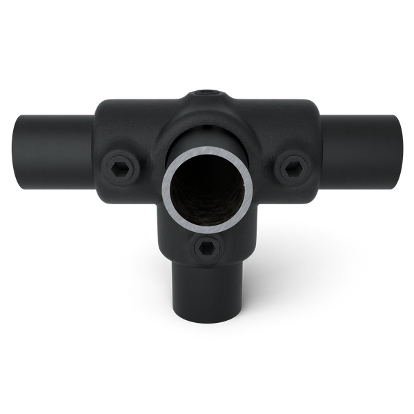 Rohrverbinder T-Stück für Stützrohr schwarz 33,7 mm - Vorderansicht mit Rohren (Rohr-verbinder.de)