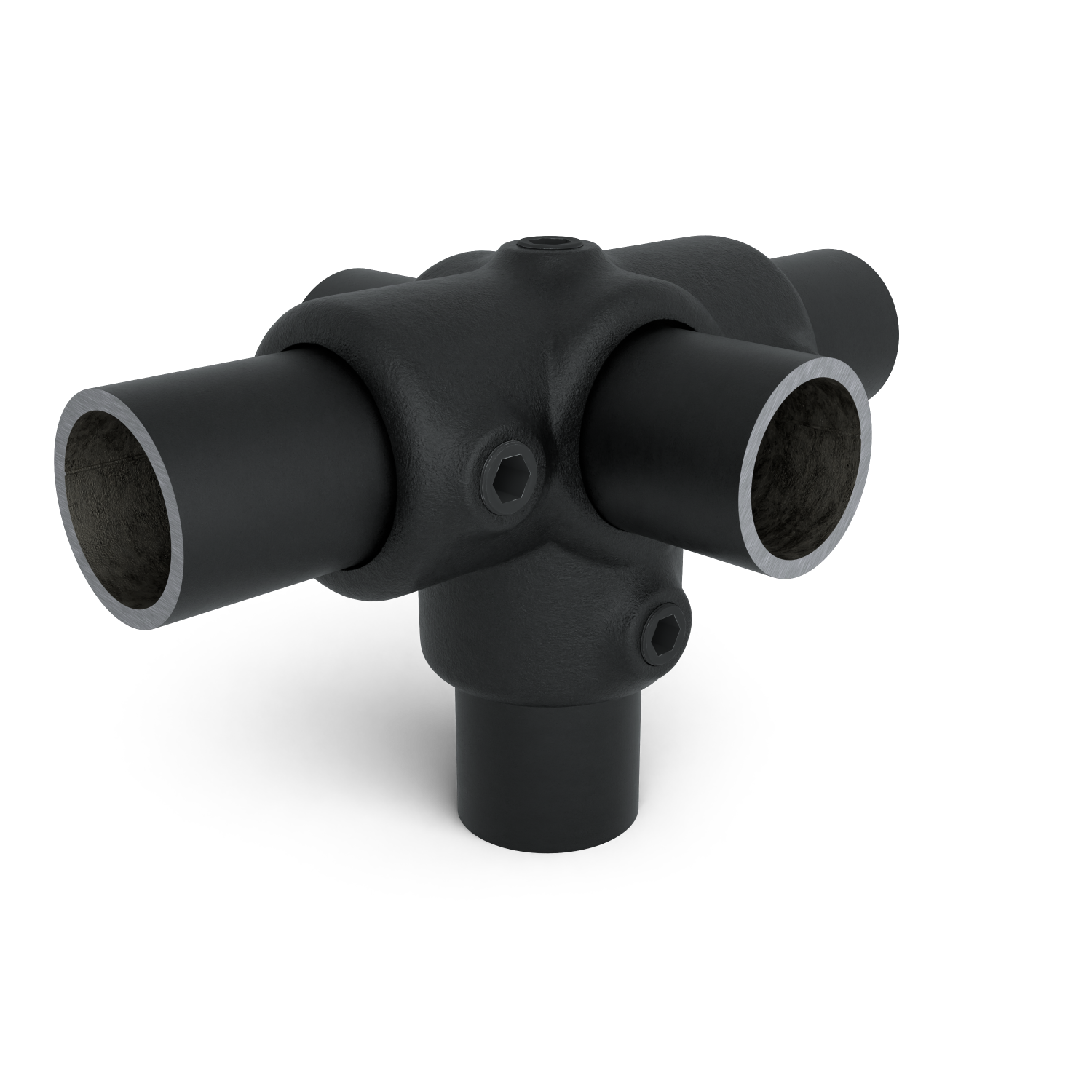 Rohrverbinder T-Stück für Stützrohr schwarz 33,7 mm - Schrägansicht mit Rohren (Rohr-verbinder.de)