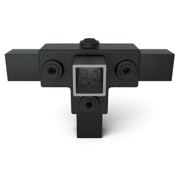 Rohrverbinder T-Stück für Stützrohr schwarz 25 mm quadratisch - Vorderansicht mit Rohren (Rohr-verbinder.de)
