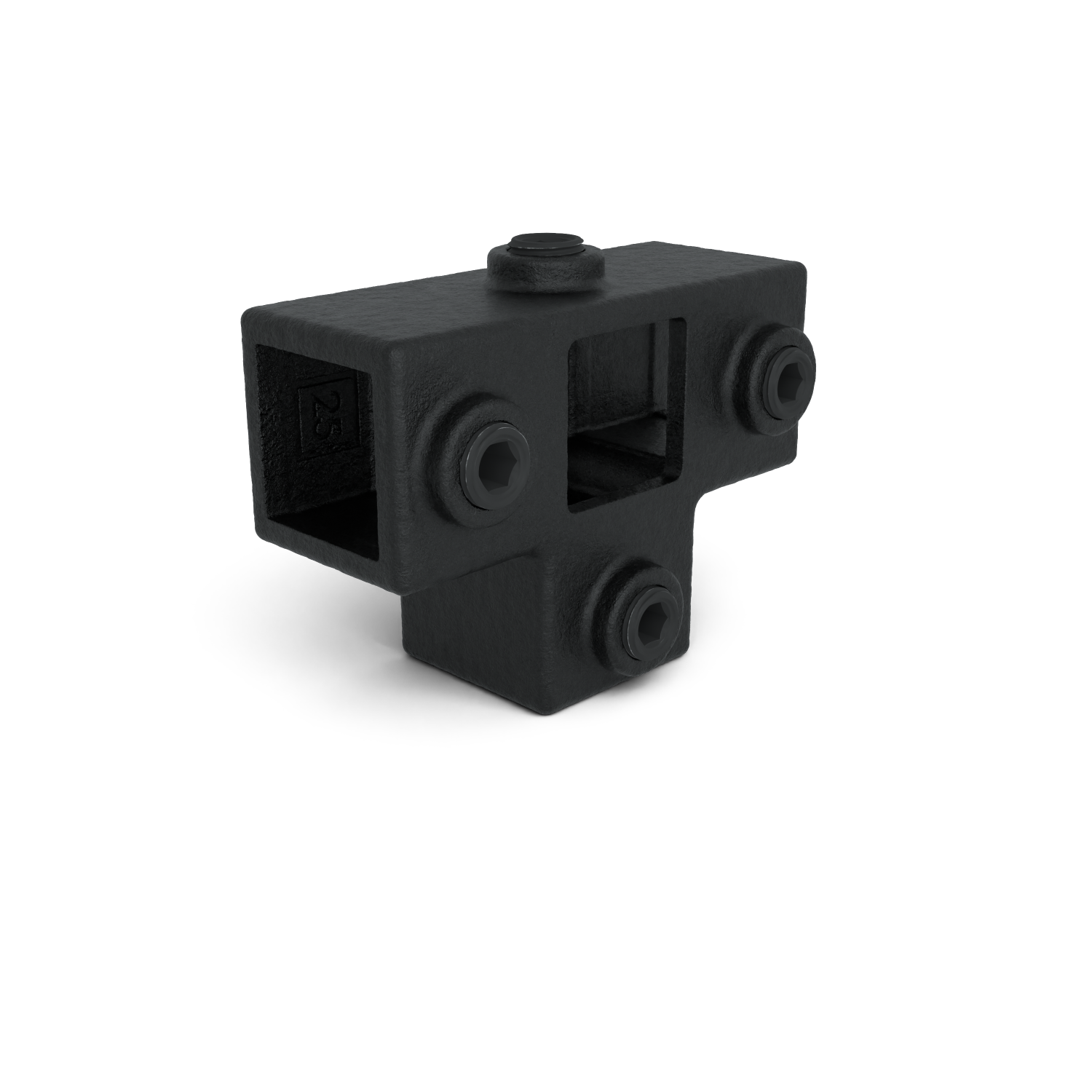 Rohrverbinder T-Stück für Stützrohr schwarz 25 mm quadratisch - Schrägansicht Rohrverbinder (Rohr-verbinder.de)