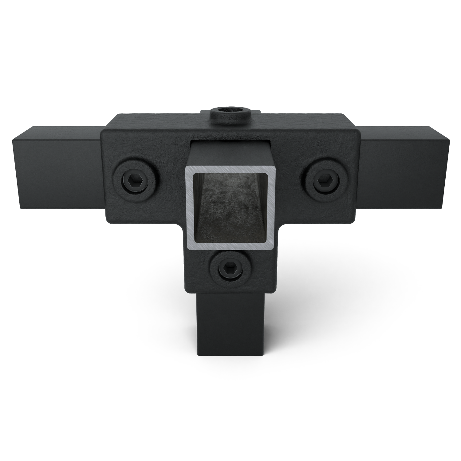 Rohrverbinder T-Stück für Stützrohr schwarz 40 mm quadratisch - Vorderansicht mit Rohren (Rohr-verbinder.de)