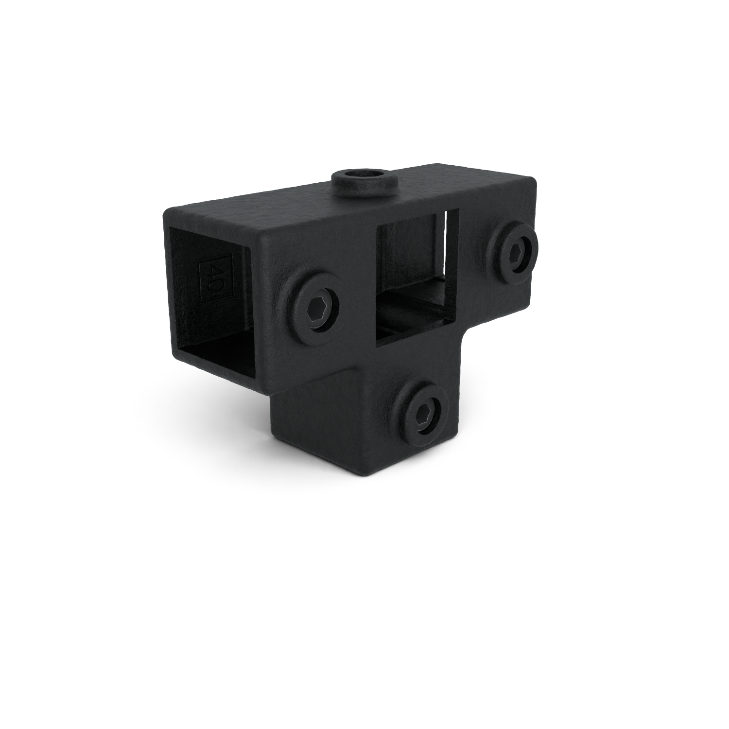 Rohrverbinder T-Stück für Stützrohr schwarz 40 mm quadratisch - Schrägansicht Rohrverbinder (Rohr-verbinder.de)