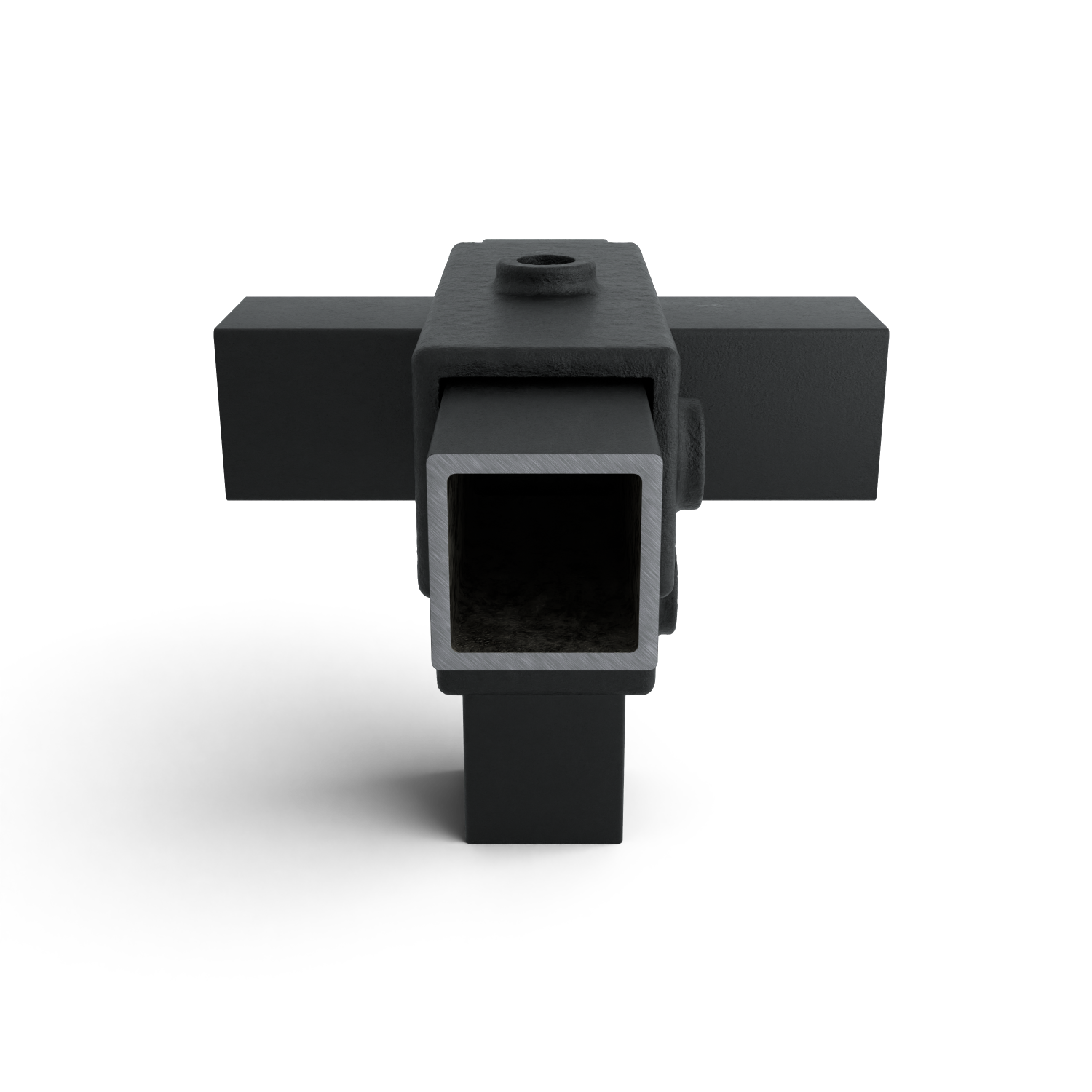 Rohrverbinder T-Stück für Stützrohr schwarz 40 mm quadratisch - Seitenansicht mit Rohren (Rohr-verbinder.de)