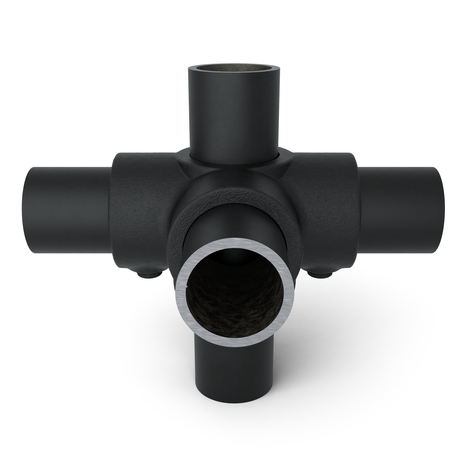 Rohrverbinder Kreuzstück für Stützrohr schwarz 26,9 mm - Schrägansicht mit Rohren (Rohr-verbinder.de)