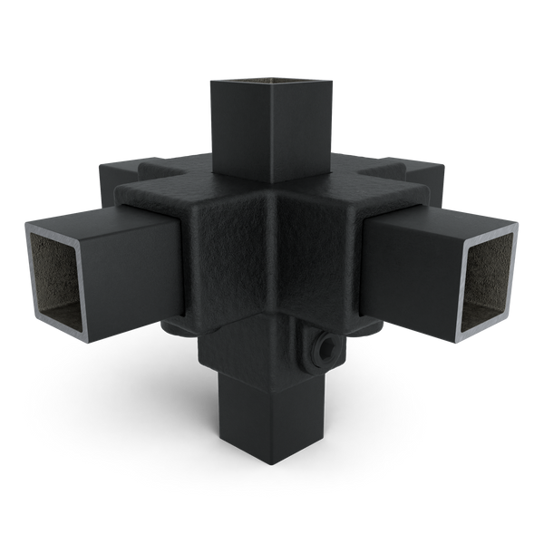 Rohrverbinder Kreuzstück für Stützrohr schwarz 25 mm quadratisch - Vorderansicht mit Rohren (Rohr-verbinder.de)