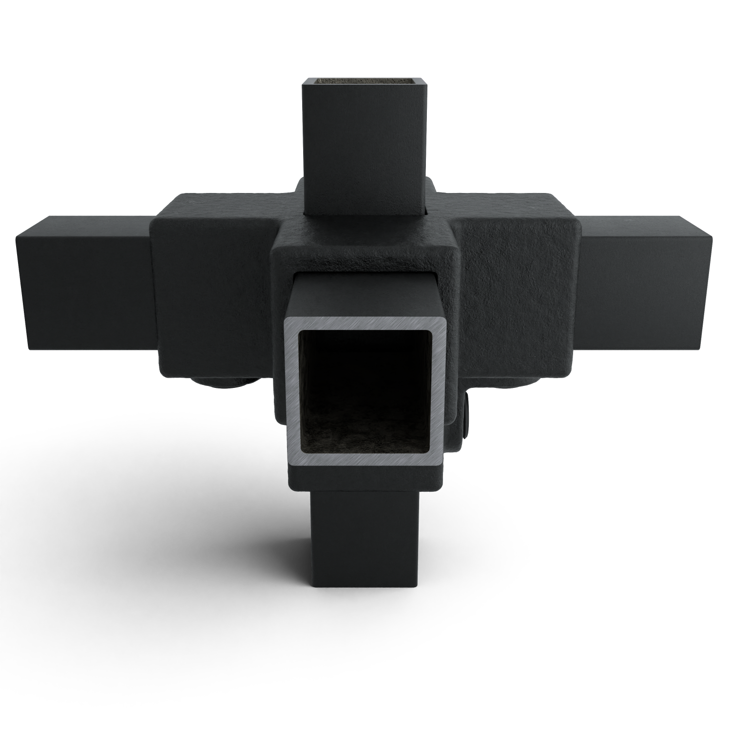 Rohrverbinder Kreuzstück für Stützrohr schwarz 25 mm quadratisch - Schrägansicht Rohrverbinder (Rohr-verbinder.de)