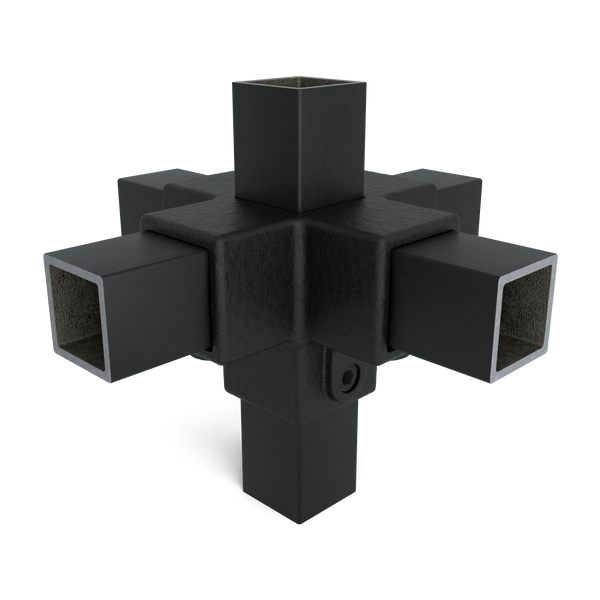 Rohrverbinder Kreuzstück für Stützrohr schwarz 40 mm quadratisch - Vorderansicht mit Rohren (Rohr-verbinder.de)