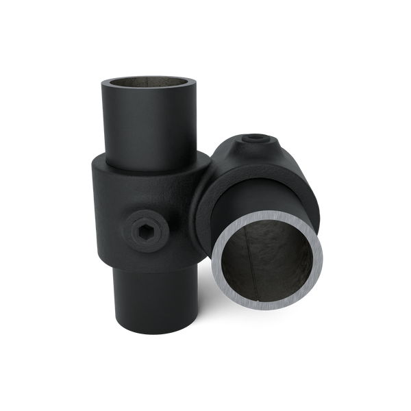 Rohrverbinder Kreuzstück 90º schwarz 42,4 mm - Vorderansicht mit Rohren (Rohr-verbinder.de)