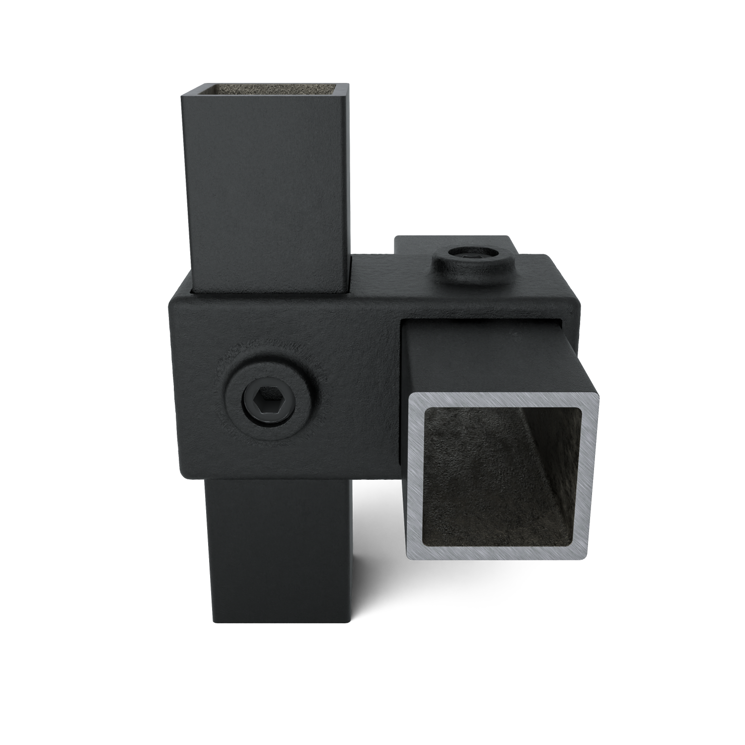 Rohrverbinder Kreuzstück 90º schwarz 40 mm quadratisch - Vorderansicht mit Rohren (Rohr-verbinder.de)