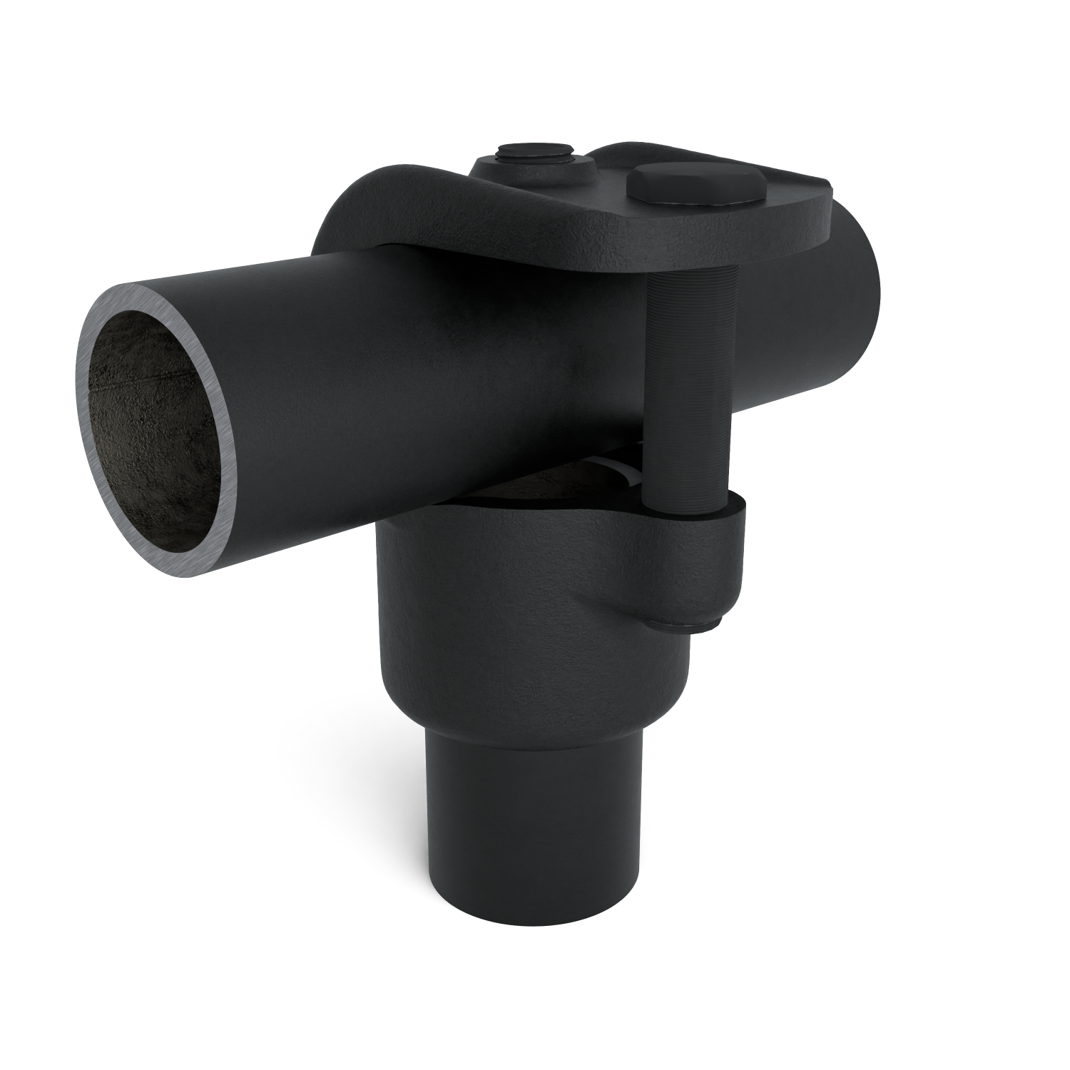 Rohrverbinder T-Stück offen schwarz 33,7 mm - Vorderansicht mit Rohren (Rohr-verbinder.de)