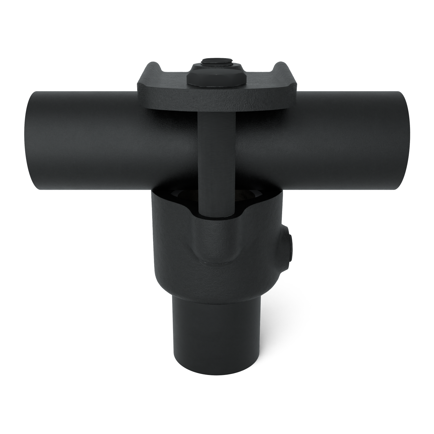 Rohrverbinder T-Stück offen schwarz 42,4 mm - Schrägansicht mit Rohren (Rohr-verbinder.de)