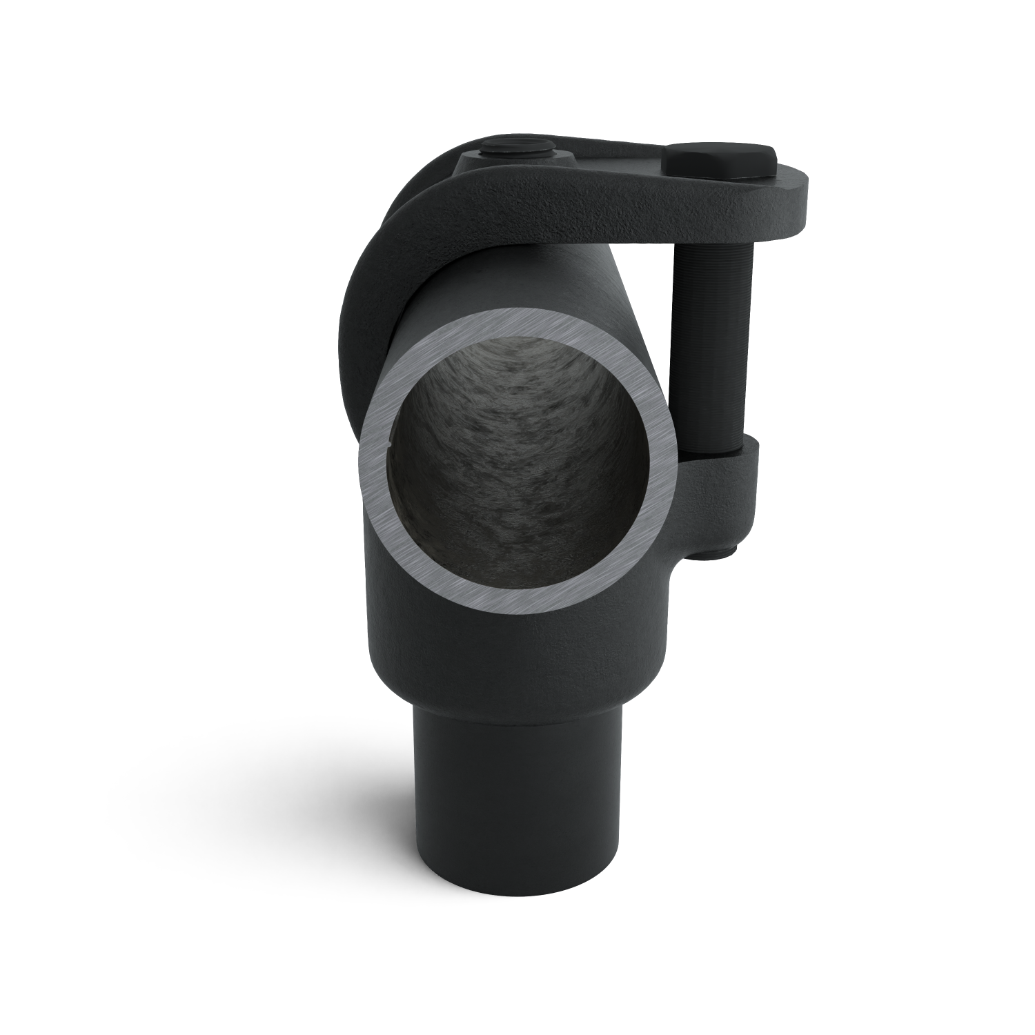 Rohrverbinder T-Stück offen schwarz 33,7 mm - Seitenansicht mit Rohren (Rohr-verbinder.de)