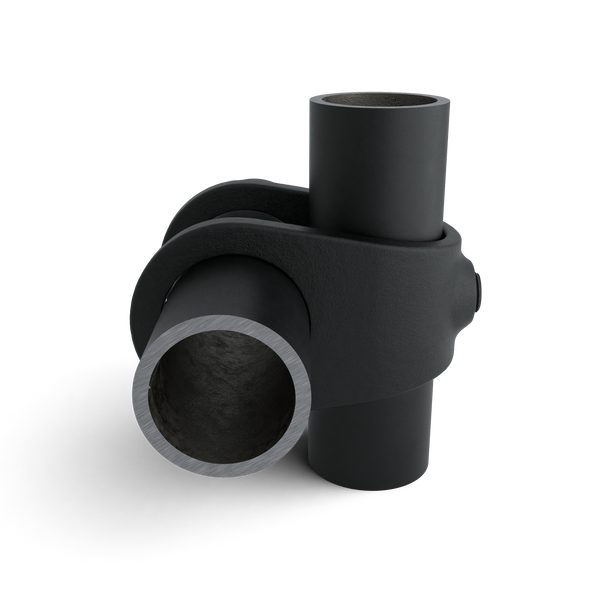 Rohrverbinder Kreuzstück offen schwarz 42,4 mm - Vorderansicht mit Rohren (Rohr-verbinder.de)