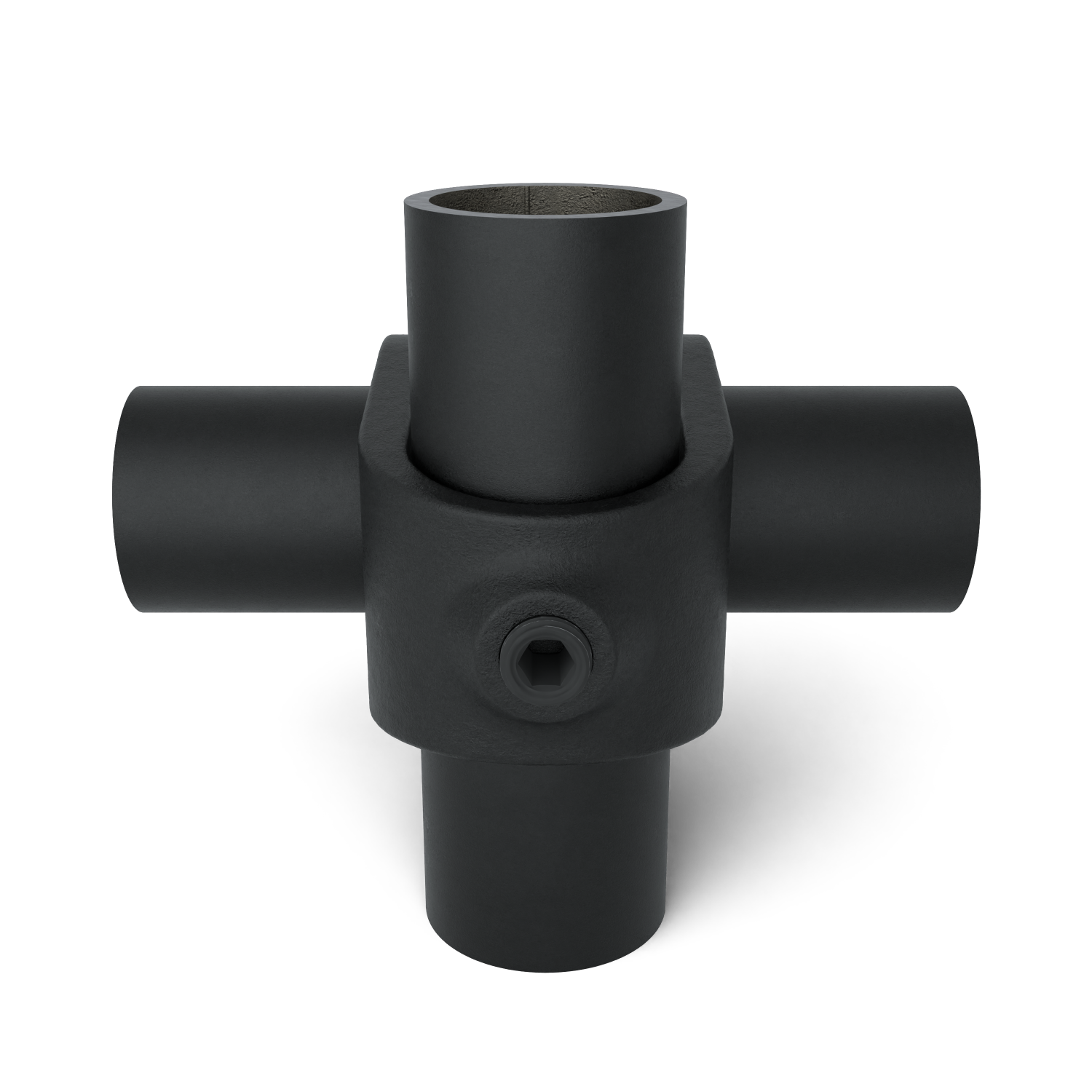 Rohrverbinder Kreuzstück offen schwarz 33,7 mm - Seitenansicht mit Rohren (Rohr-verbinder.de)