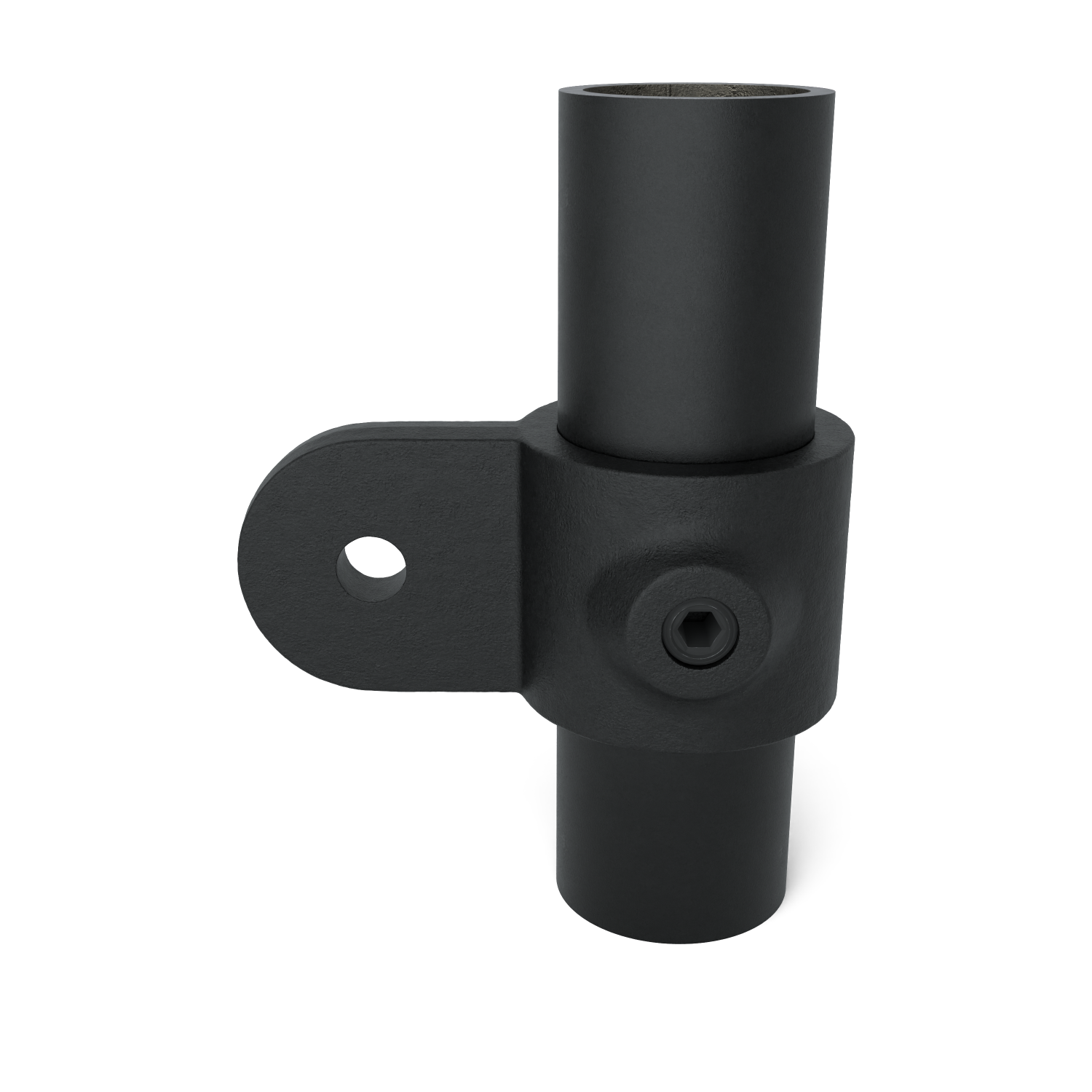 Rohrverbinder Gelenkauge schwarz 42,4 mm - Vorderansicht mit Rohren (Rohr-verbinder.de)