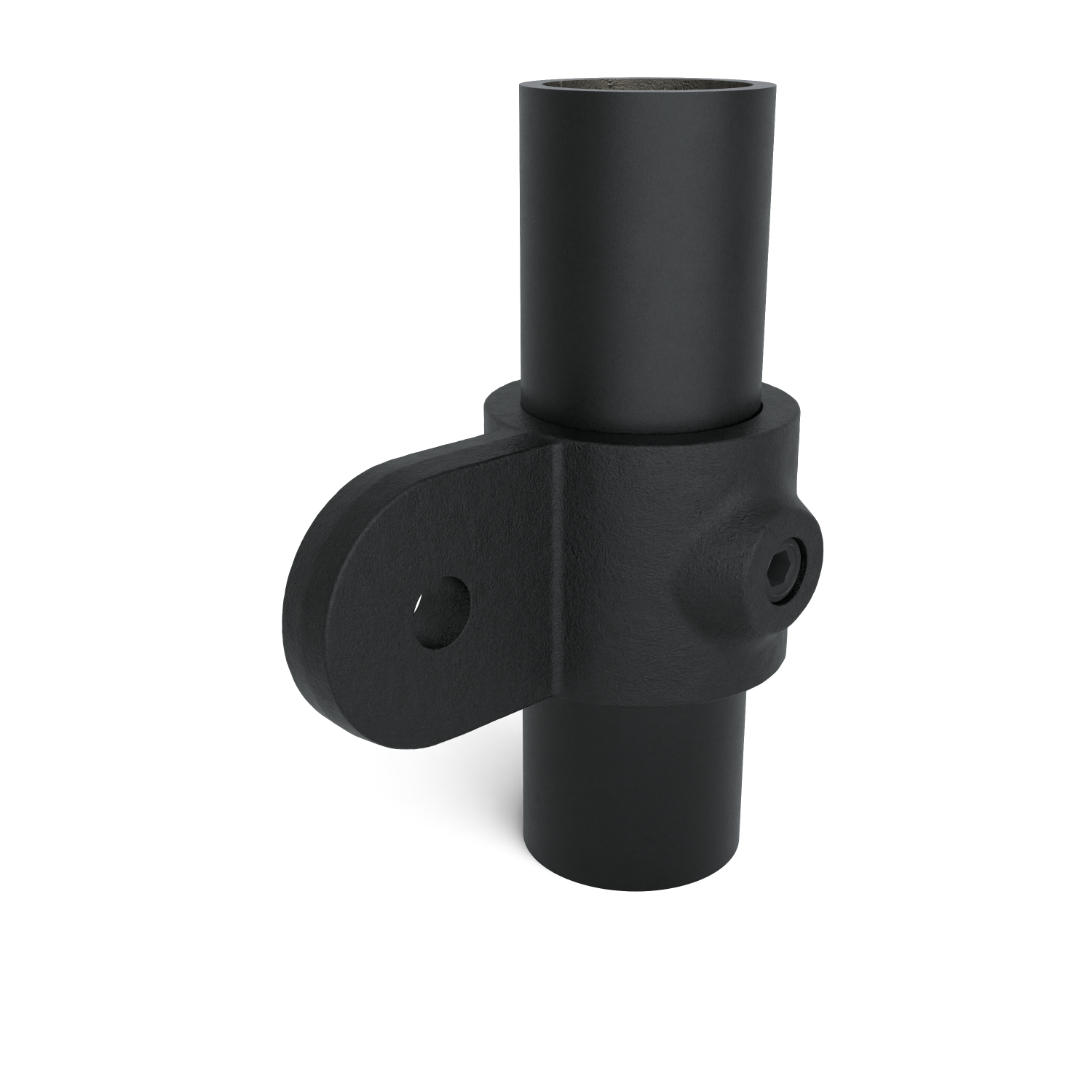 Rohrverbinder Gelenkauge schwarz 33,7 mm - Schrägansicht mit Rohren (Rohr-verbinder.de)