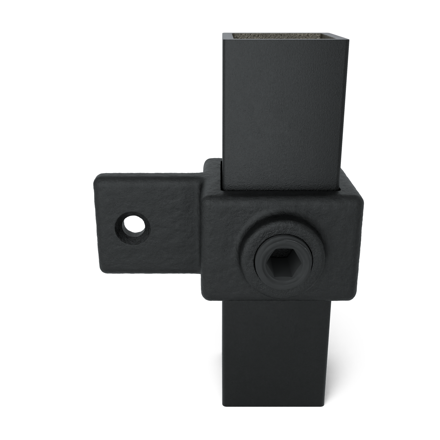 Rohrverbinder Gelenkauge schwarz 25 mm quadratisch - Vorderansicht mit Rohren (Rohr-verbinder.de)