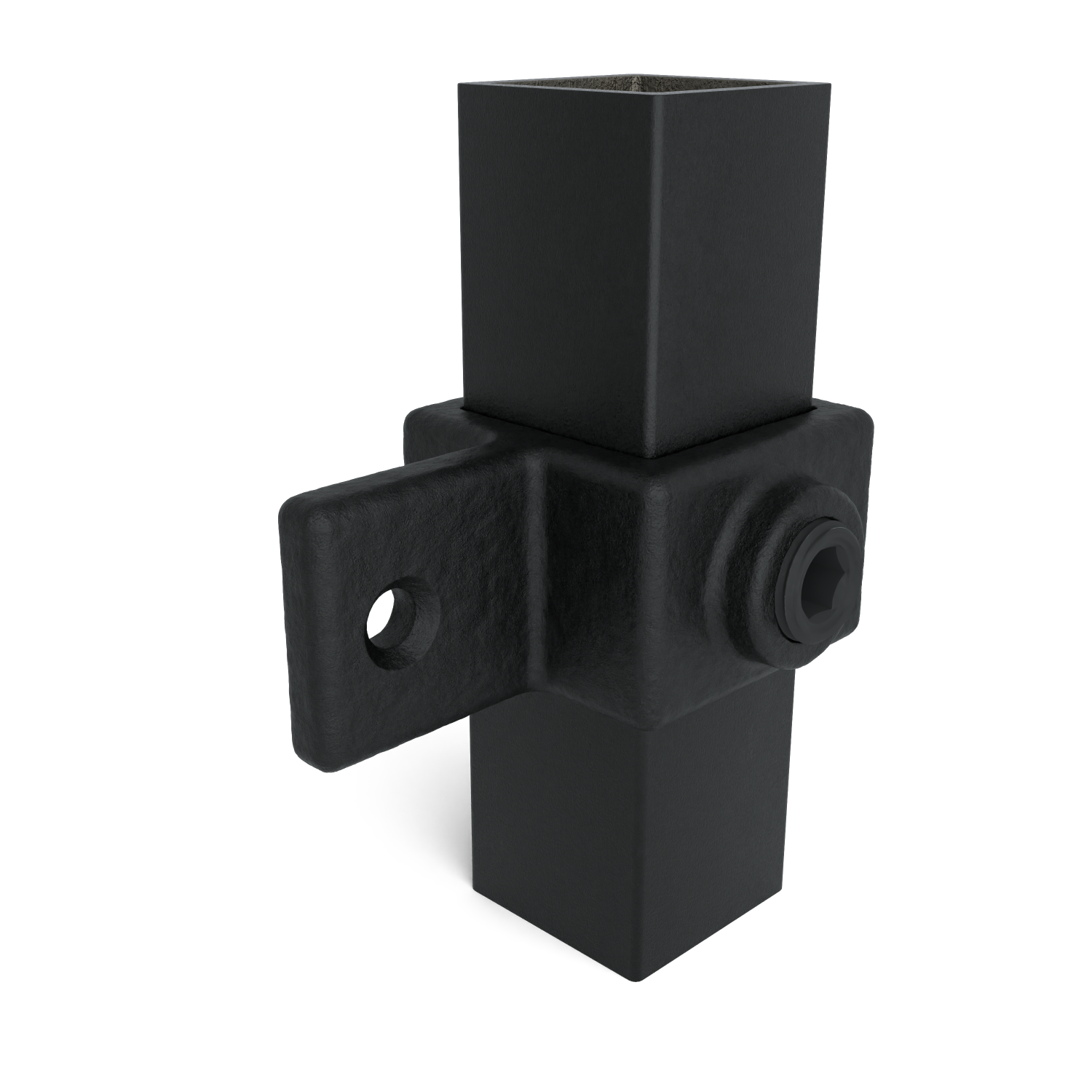 Rohrverbinder Gelenkauge schwarz 25 mm quadratisch - Schrägansicht mit Rohren (Rohr-verbinder.de)