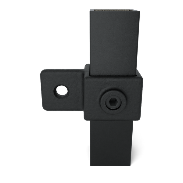 Rohrverbinder Gelenkauge schwarz 40 mm quadratisch - Vorderansicht mit Rohren (Rohr-verbinder.de)
