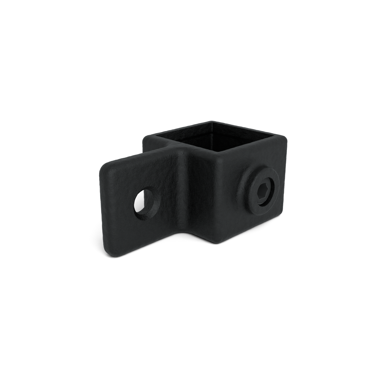 Rohrverbinder Gelenkauge schwarz 40 mm quadratisch - Schrägansicht Rohrverbinder (Rohr-verbinder.de)