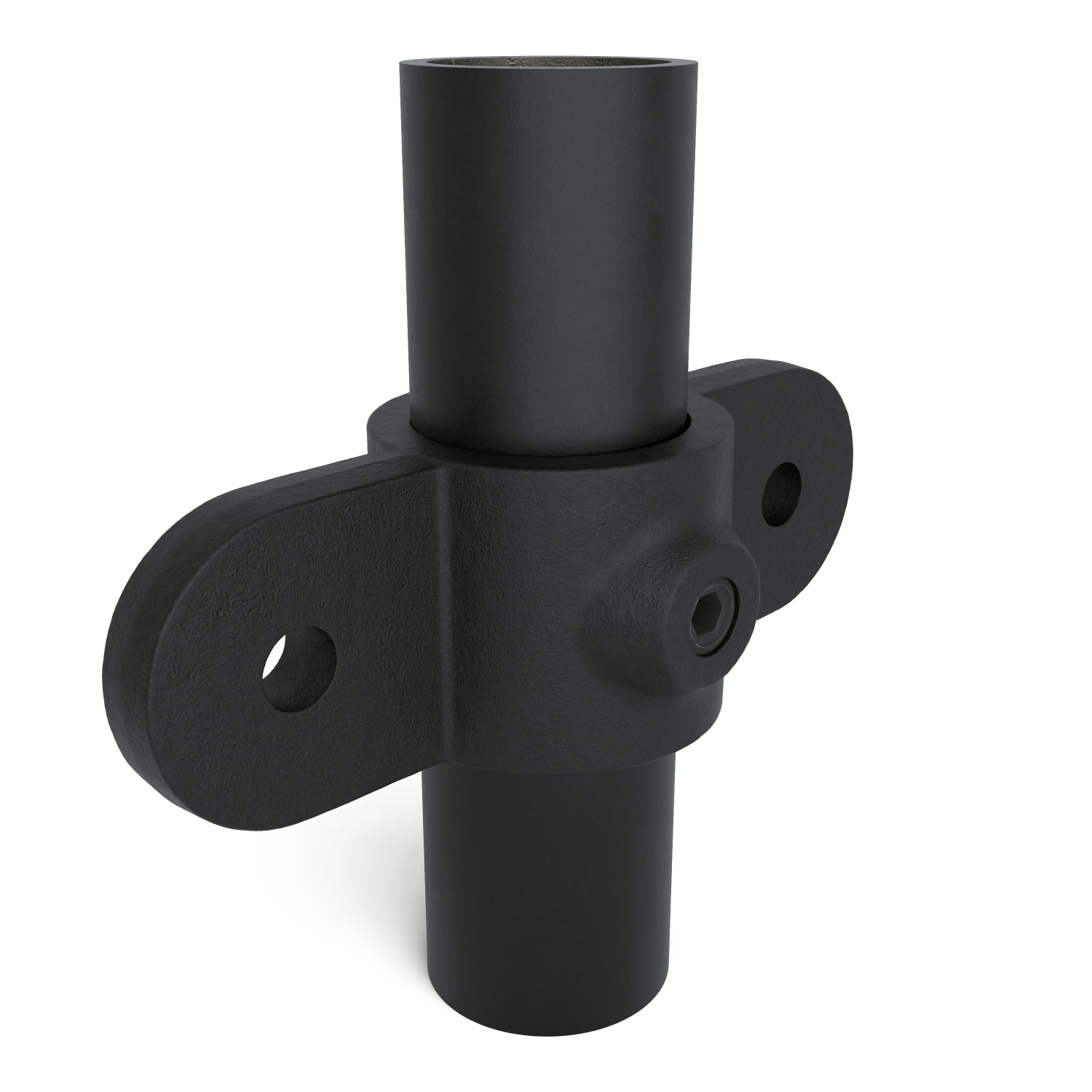 Rohrverbinder Gelenkauge doppelt 180º - Schwarz für außen -  42,4 mm - Schrägansicht mit Rohren (Rohr-verbinder.de)