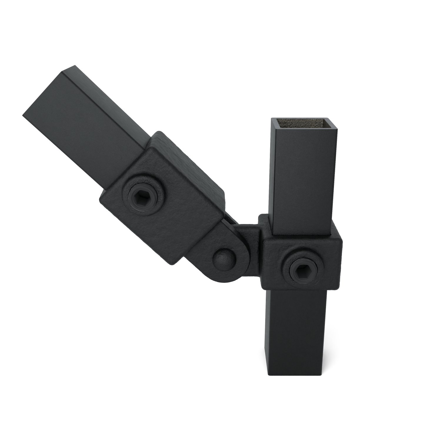 Rohrverbinder Gelenkstück einfach schwarz 25 mm quadratisch - Vorderansicht mit Rohren (Rohr-verbinder.de)