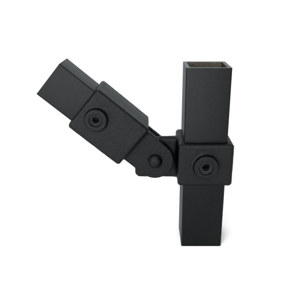Rohrverbinder Gelenkstück einfach schwarz 40 mm quadratisch - Vorderansicht mit Rohren (Rohr-verbinder.de)