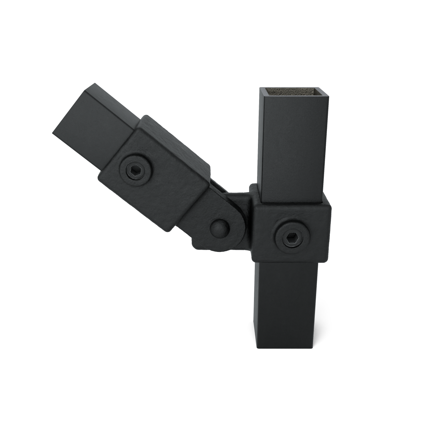 Rohrverbinder Gelenkstück einfach schwarz 40 mm quadratisch - Vorderansicht mit Rohren (Rohr-verbinder.de)