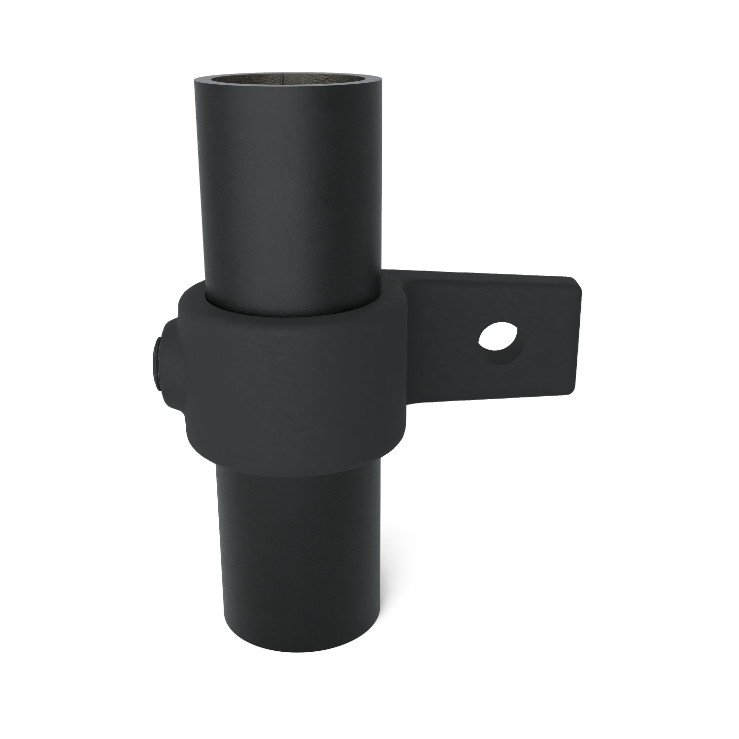 Rohrverbinder Ösenteil mit Einzellasche schwarz 42,4 mm - Vorderansicht mit Rohren (Rohr-verbinder.de)