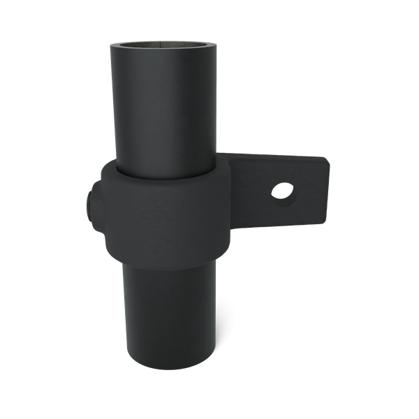 Rohrverbinder Ösenteil mit Einzellasche schwarz 48,3 mm - Vorderansicht mit Rohren (Rohr-verbinder.de)