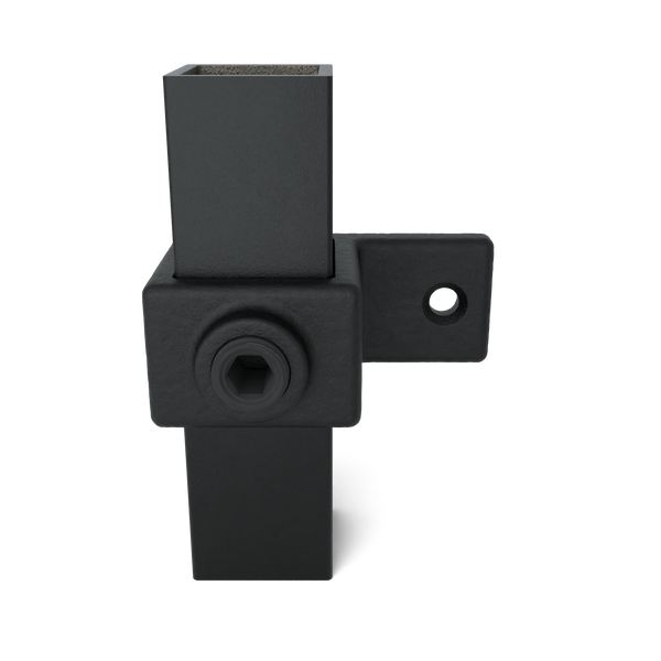 Rohrverbinder Ösenteil mit Einzellasche schwarz 25 mm quadratisch - Vorderansicht mit Rohren (Rohr-verbinder.de)