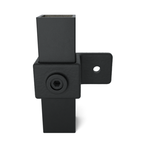 Rohrverbinder Ösenteil mit Einzellasche schwarz 40 mm quadratisch - Vorderansicht mit Rohren (Rohr-verbinder.de)