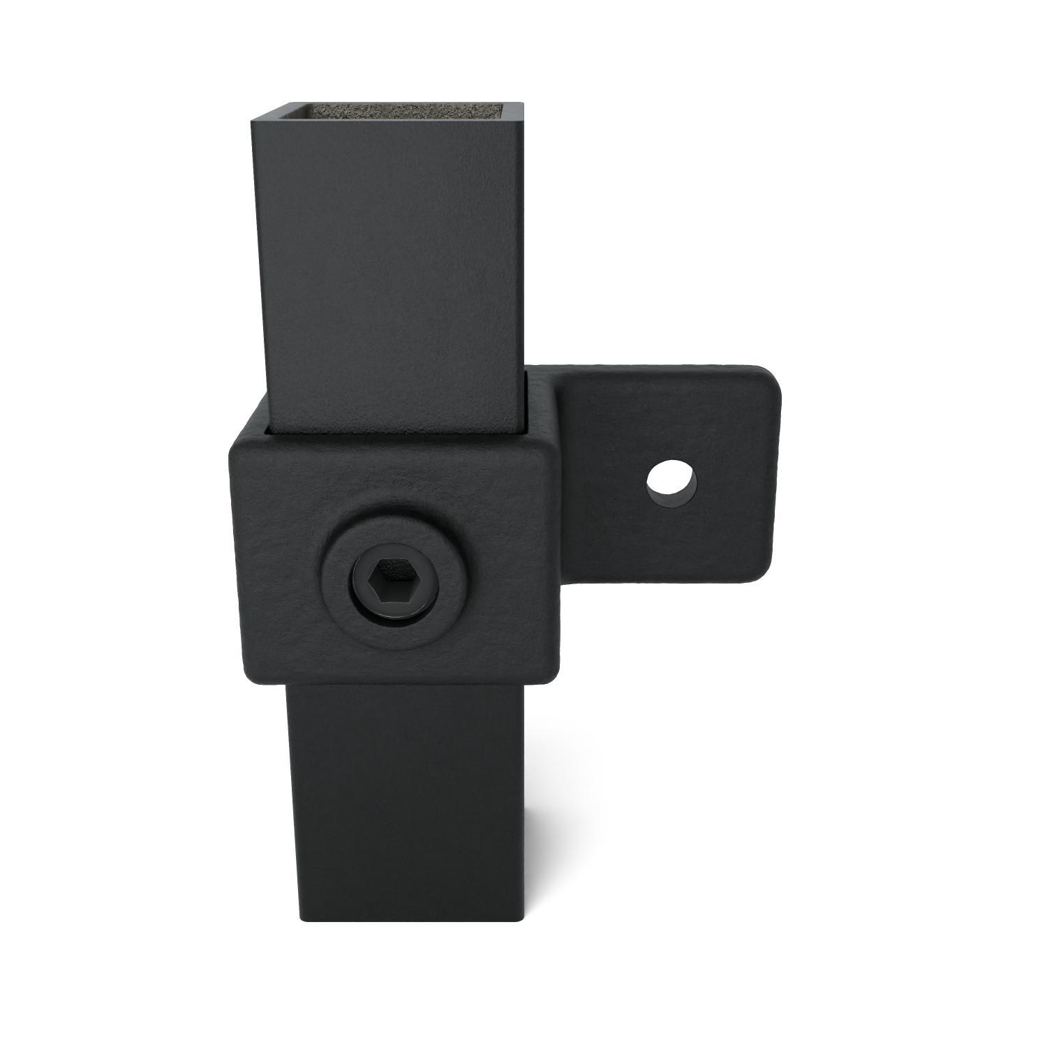 Rohrverbinder Ösenteil mit Einzellasche schwarz 40 mm quadratisch - Vorderansicht mit Rohren (Rohr-verbinder.de)