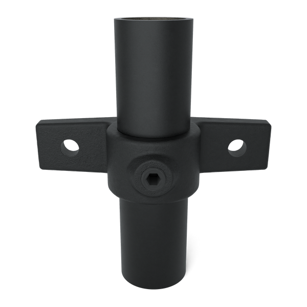 Rohrverbinder Ösenteil mit Doppellasche schwarz 42,4 mm - Vorderansicht mit Rohren (Rohr-verbinder.de)