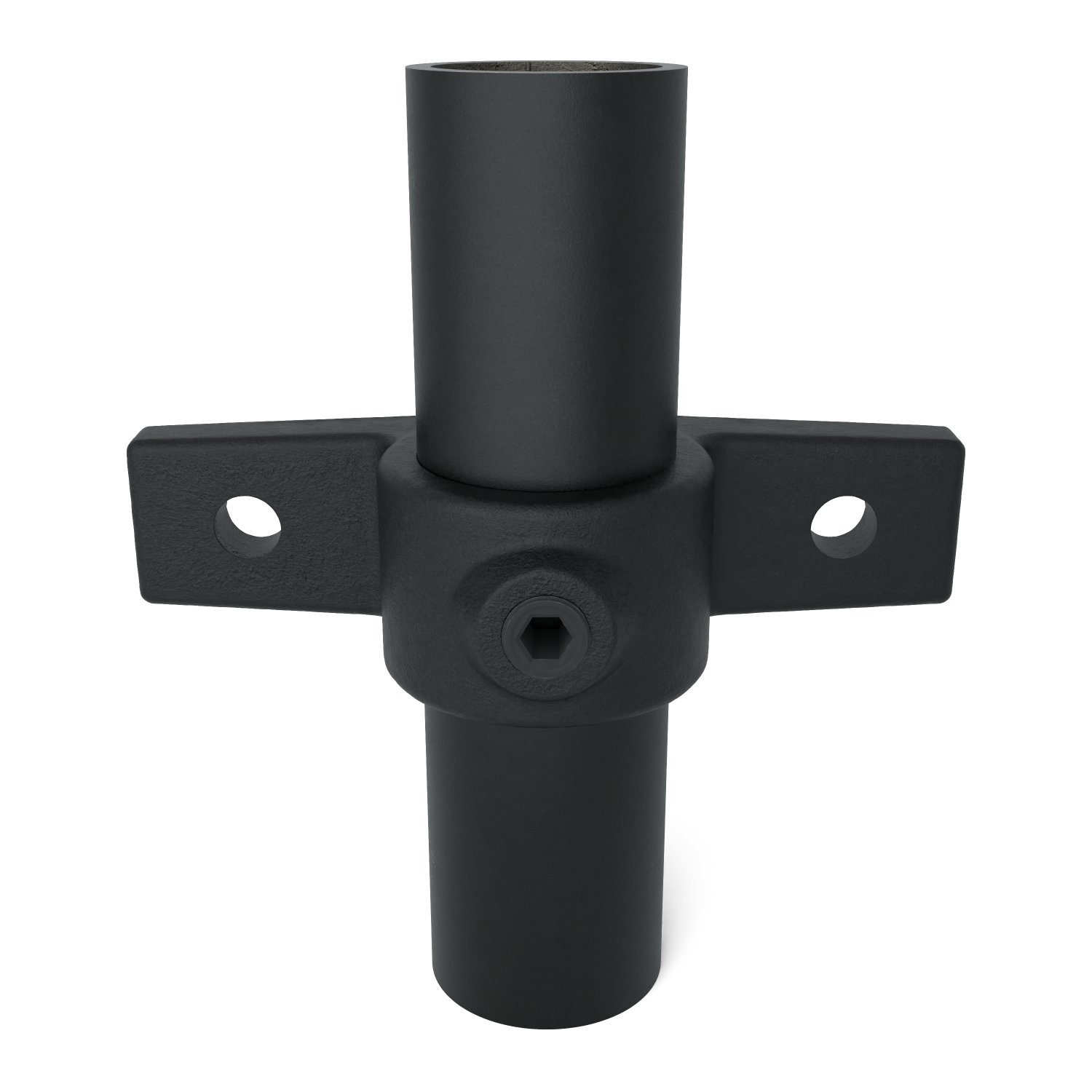 Rohrverbinder Ösenteil mit Doppellasche schwarz 33,7 mm - Vorderansicht mit Rohren (Rohr-verbinder.de)