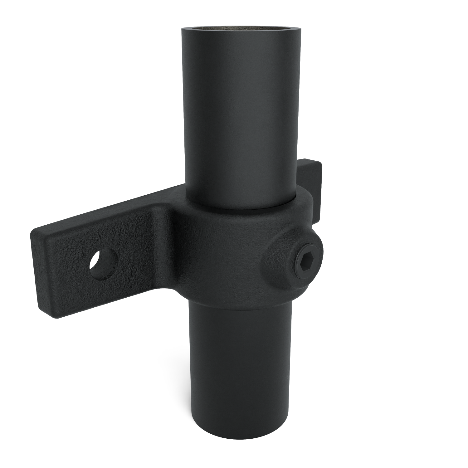 Rohrverbinder Ösenteil mit Doppellasche - Schwarz für außen -  42,4 mm - Schrägansicht mit Rohren (Rohr-verbinder.de)