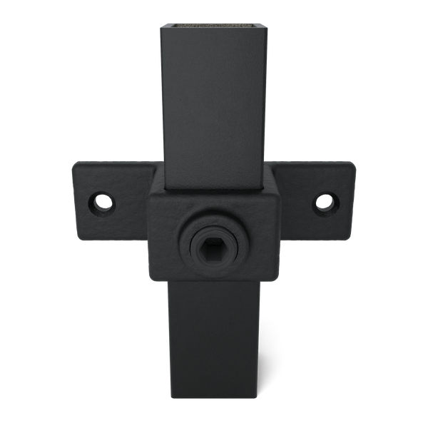Rohrverbinder Ösenteil mit Doppellasche schwarz 25 mm quadratisch - Vorderansicht mit Rohren (Rohr-verbinder.de)
