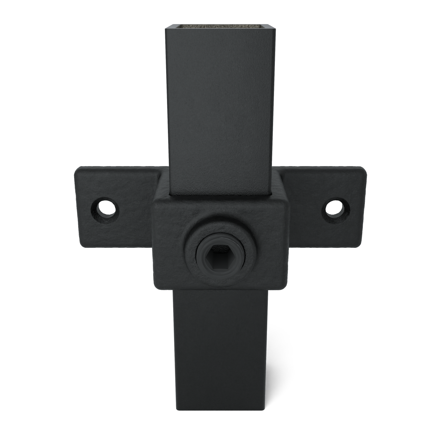 Rohrverbinder Ösenteil mit Doppellasche schwarz 25 mm quadratisch - Vorderansicht mit Rohren (Rohr-verbinder.de)