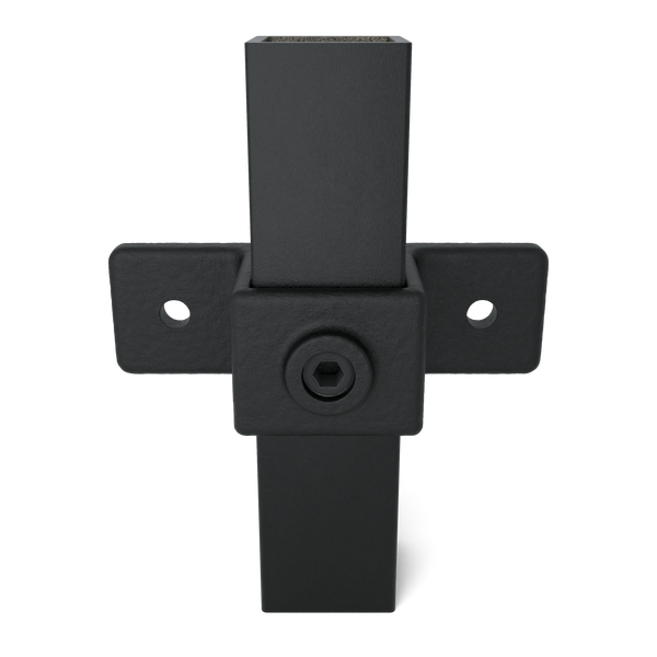 Rohrverbinder Ösenteil mit Doppellasche schwarz 40 mm quadratisch - Vorderansicht mit Rohren (Rohr-verbinder.de)