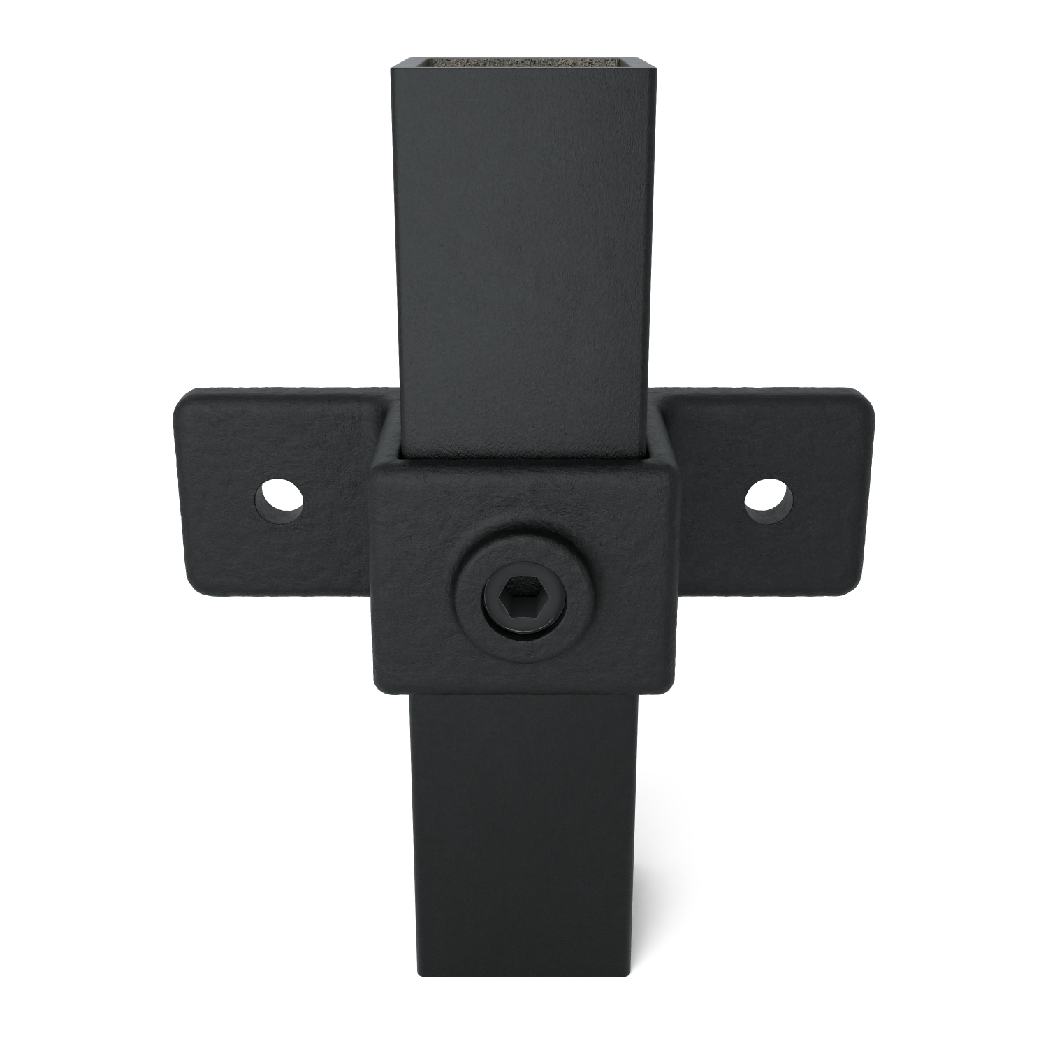 Rohrverbinder Ösenteil mit Doppellasche schwarz 40 mm quadratisch - Vorderansicht mit Rohren (Rohr-verbinder.de)
