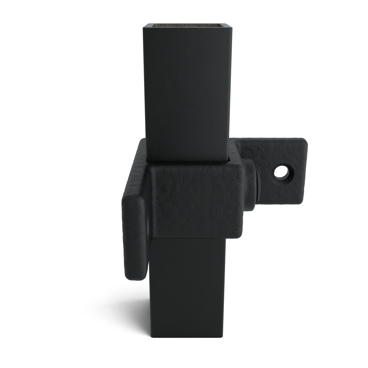 Rohrverbinder Ösenteil mit Doppellasche 90° schwarz 25 mm quadratisch - Seitenansicht mit Rohren (Rohr-verbinder.de)