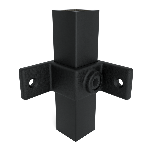 Rohrverbinder Ösenteil mit Doppellasche 90º schwarz 40 mm quadratisch - Vorderansicht mit Rohren (Rohr-verbinder.de)