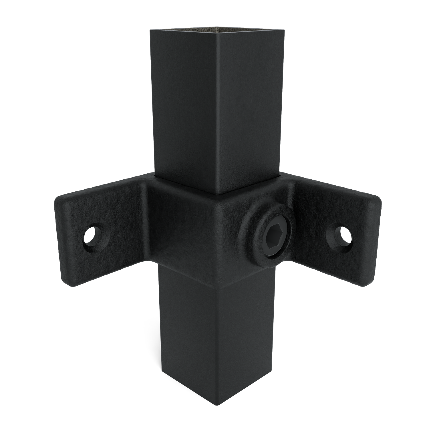 Rohrverbinder Ösenteil mit Doppellasche 90º schwarz 40 mm quadratisch - Vorderansicht mit Rohren (Rohr-verbinder.de)