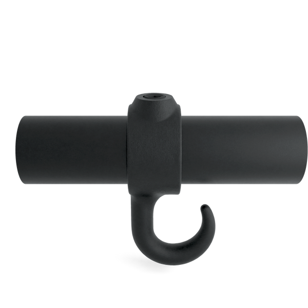 Rohrverbinder Stellring mit Haken schwarz 26,9 mm - Vorderansicht mit Rohren (Rohr-verbinder.de)