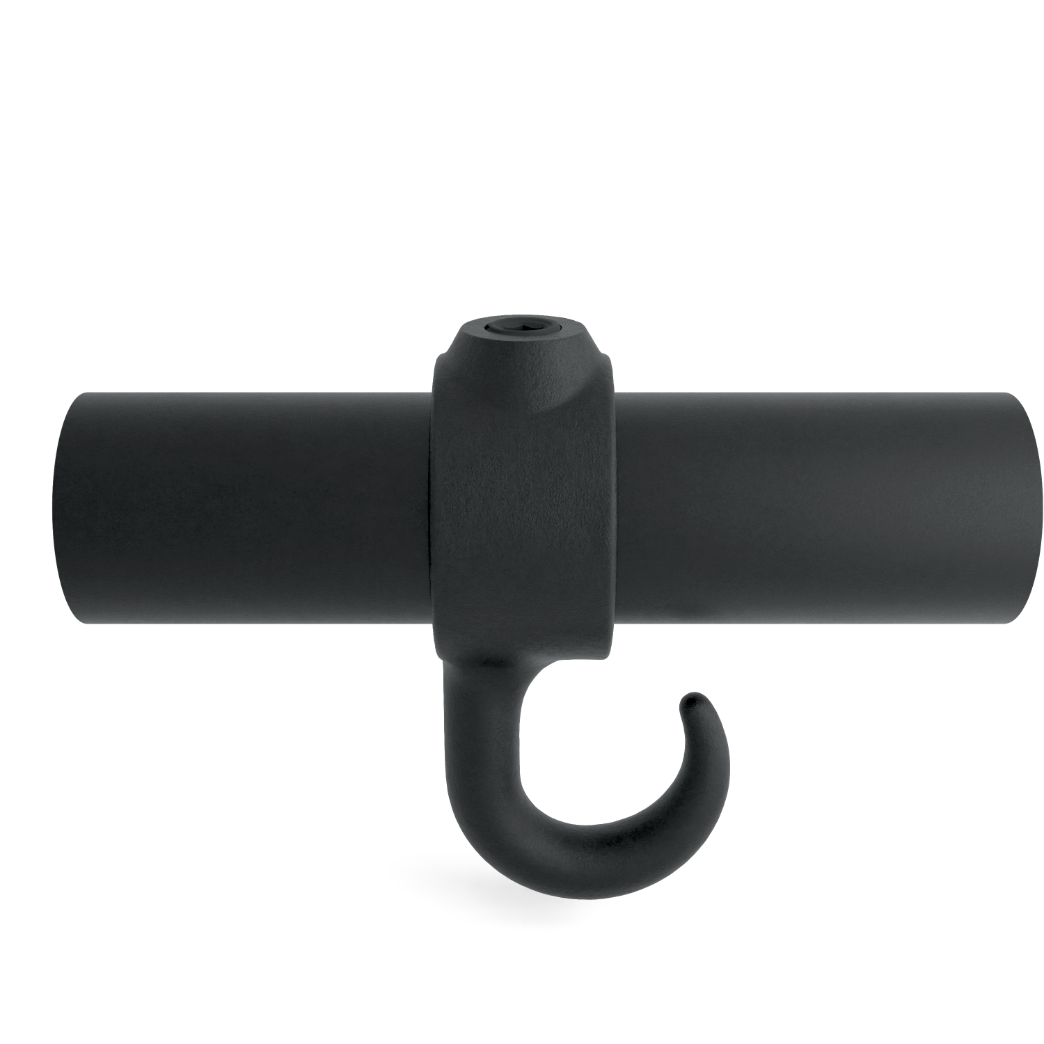 Rohrverbinder Stellring mit Haken schwarz 42,4 mm - Vorderansicht mit Rohren (Rohr-verbinder.de)