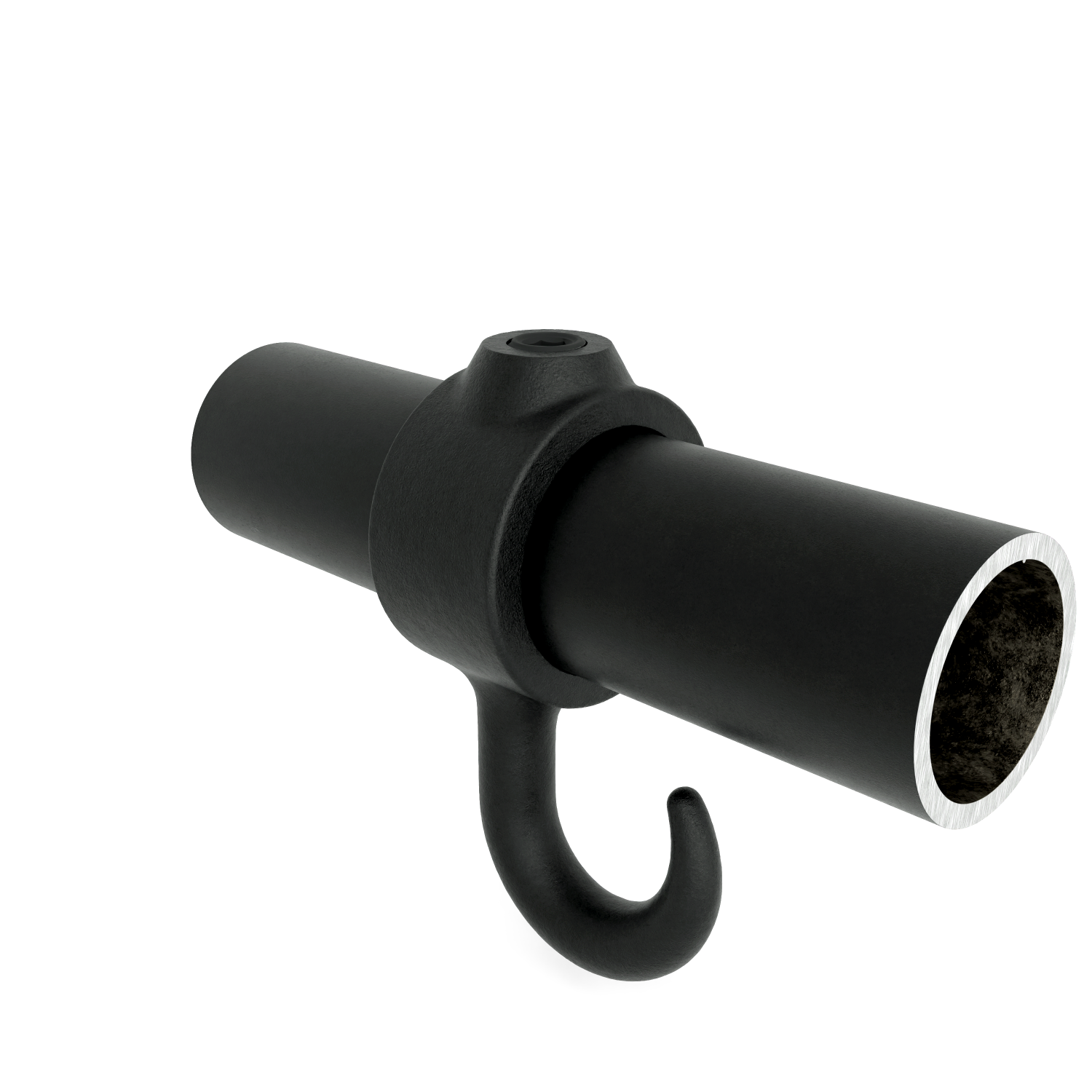 Rohrverbinder Stellring mit Haken schwarz 26,9 mm - Schrägansicht mit Rohren (Rohr-verbinder.de)