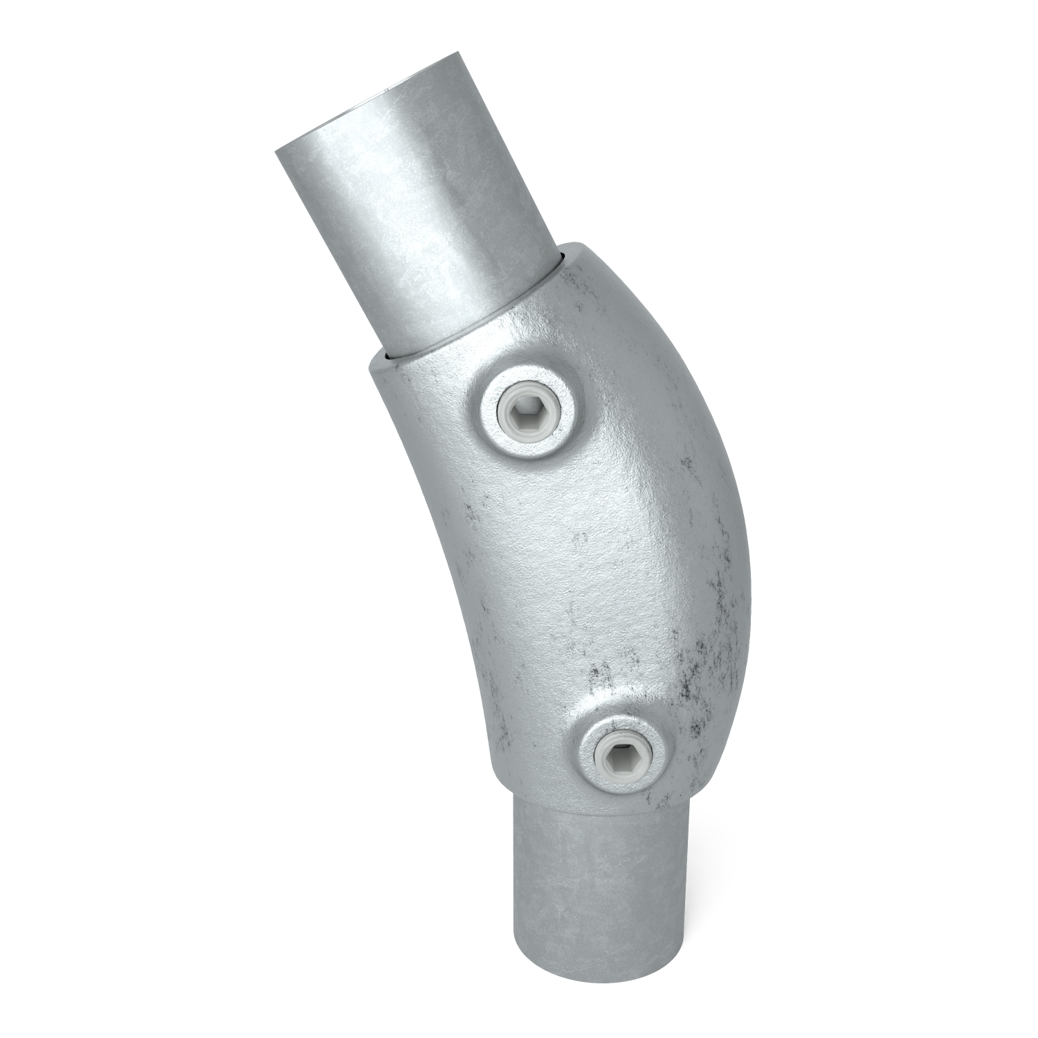 Rohrverbinder Bogen 105º - 165º 42,4 mm - Vorderansicht mit Rohren (Rohr-verbinder.de)