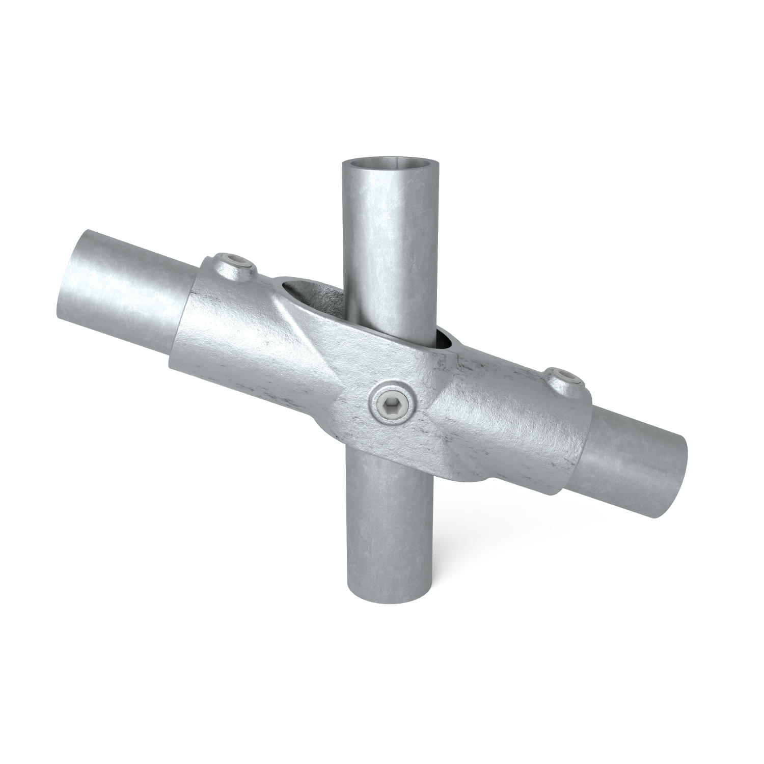 Rohrverbinder Kreuzstück 45º-90º 42,4 mm - Vorderansicht mit Rohren (Rohr-verbinder.de)