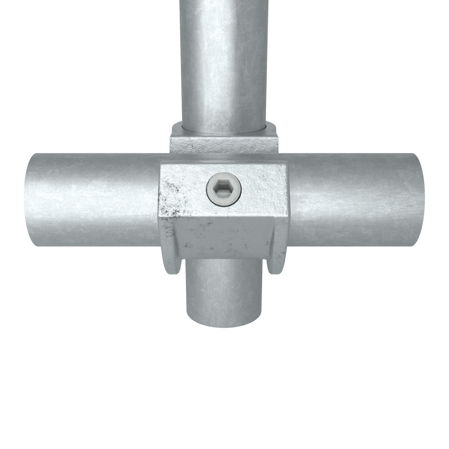 Rohrverbinder Kreuzstück offen mit Einsatz 42,4 mm - Vorderansicht mit Rohren (Rohr-verbinder.de)